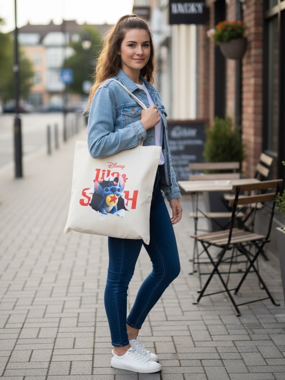 Handcrafted Tote Bag with Lilo & Stitch Print - Cream